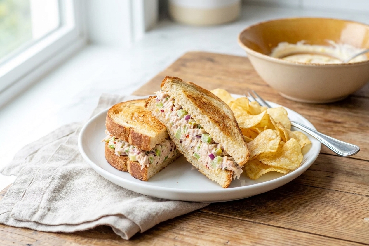 A plated tuna salad sandwich on toasted bread with potato chips and a simple napkin setting on a wooden table in natural light