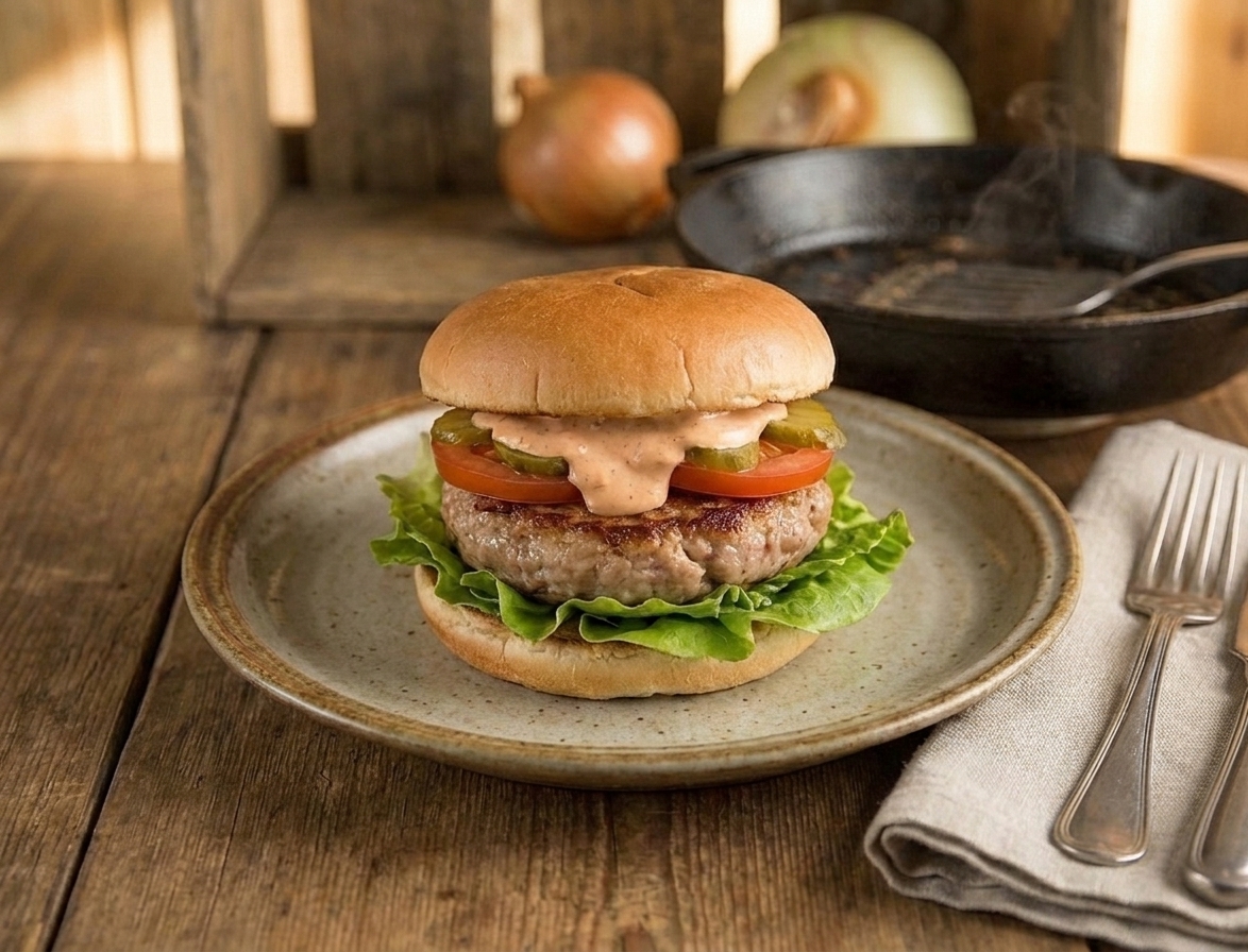 A plated turkey burger on a toasted bun with lettuce, tomato, and a creamy sauce, with a cast iron skillet in the background on a warm kitchen counter