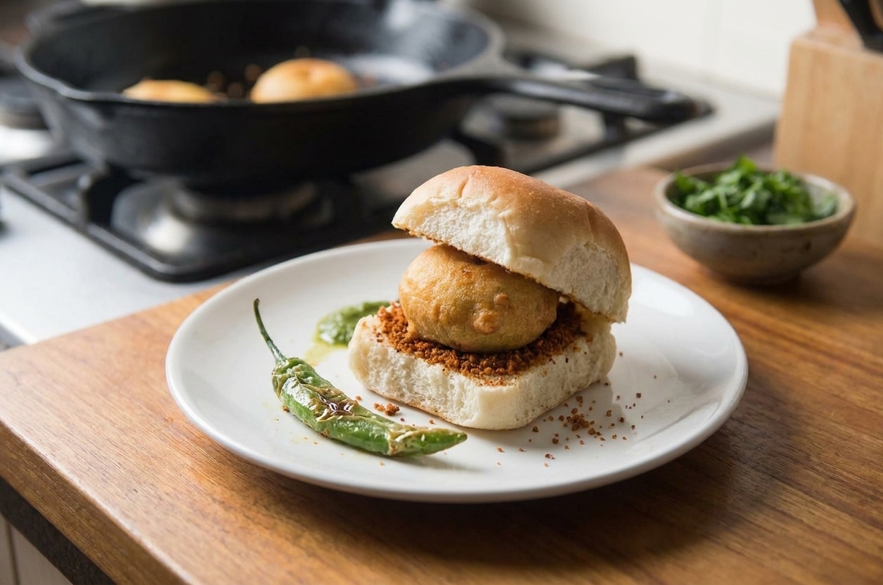 A plated vada pav on a simple white plate with a fried green chile on the side, garlic chutney visible, on a warm-toned kitchen table with soft natural light