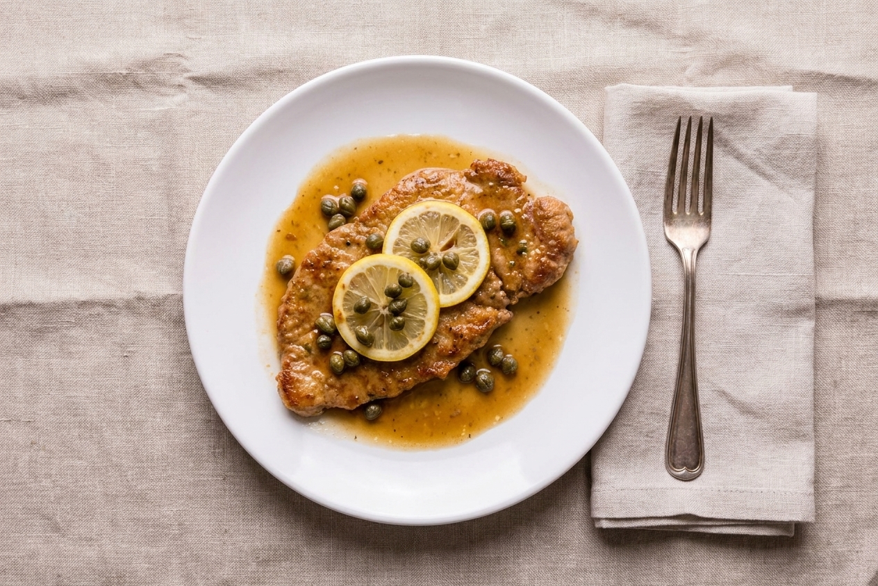 A plated veal scallopini cutlet topped with lemon slices and capers, with glossy pan sauce pooled on the plate, set on a neutral linen tablecloth with a fork and simple napkin