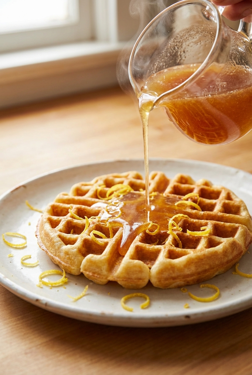 A plated waffle being drizzled with warm citrus syrup from a small pitcher, with lemon zest scattered on top