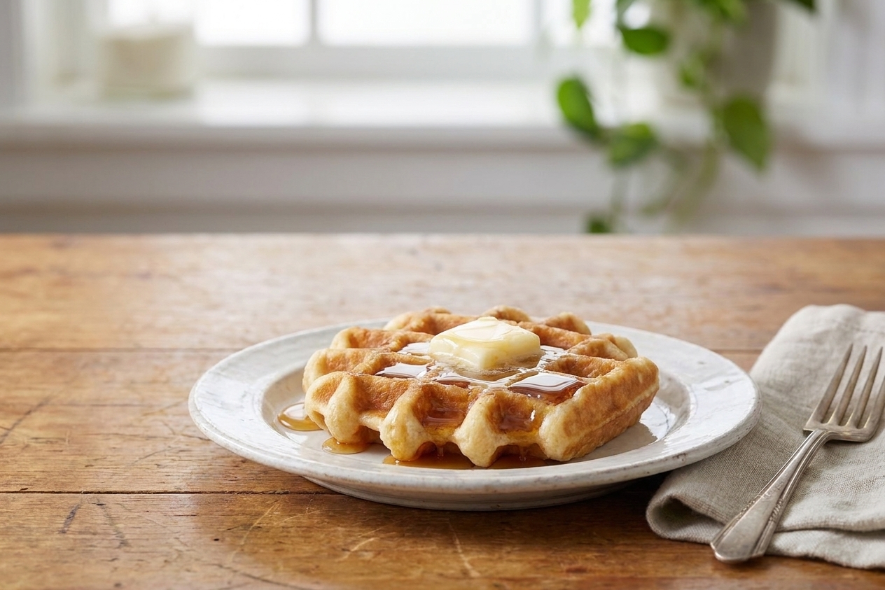 A plated waffle topped with butter and maple syrup with a fork on the side on a breakfast table