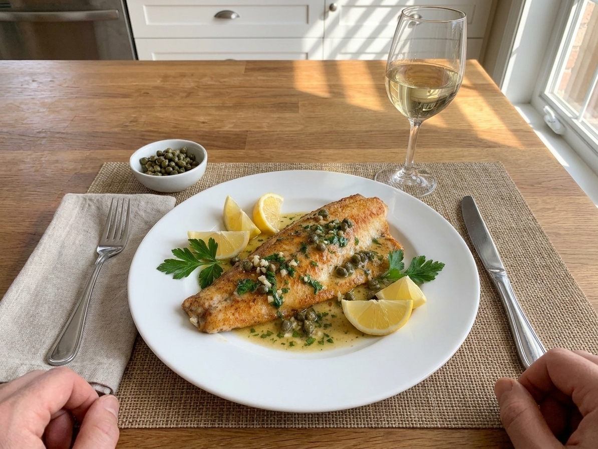A plated walleye dinner with lemon wedges and parsley on a set dinner table with simple white plates and warm evening light