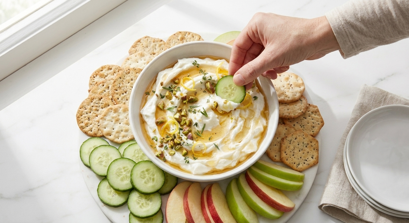 A plated whipped goat cheese dip surrounded by crackers, cucumber slices, and apple slices on a simple table setting with natural light