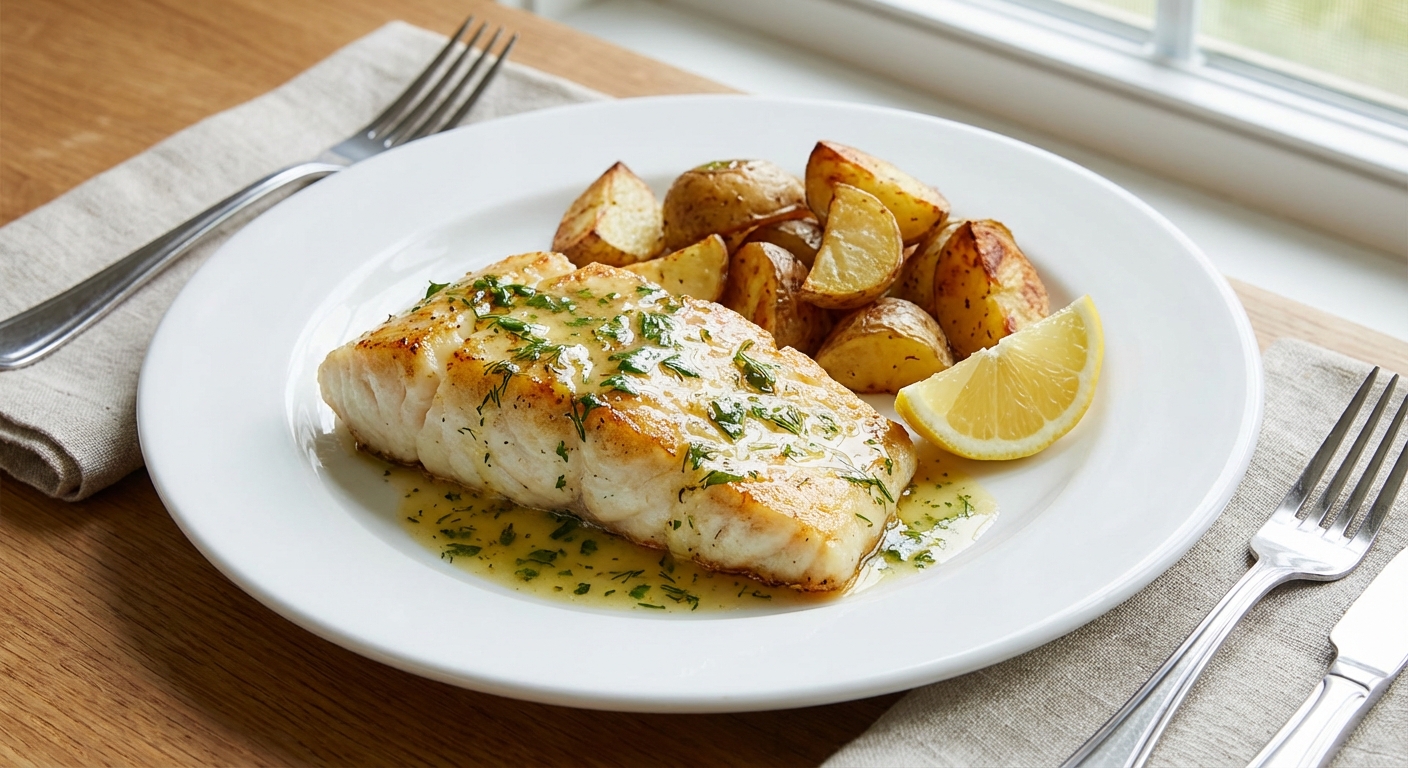 A plated white fish fillet with herb-lemon butter sauce, lemon wedge, and roasted potatoes on a simple dinner plate