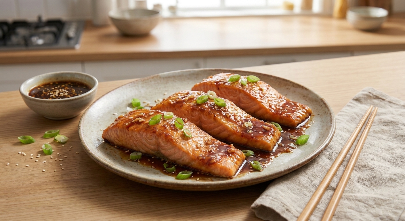 A platter of Asian glazed salmon fillets with a glossy soy-ginger sauce, garnished with sliced scallions and sesame seeds on a warm-toned kitchen table