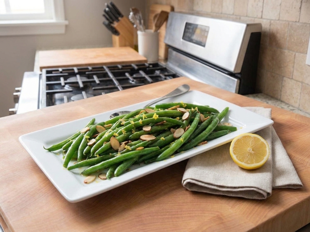 A platter of French green beans topped with toasted almonds with a lemon half nearby on the table