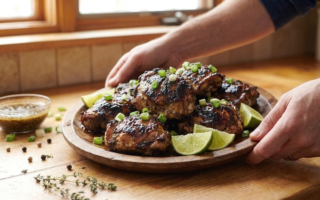 A platter of Jamaican jerk chicken thighs with charred edges and glossy dark glaze, served with lime wedges and scallions on a warm-toned wooden table