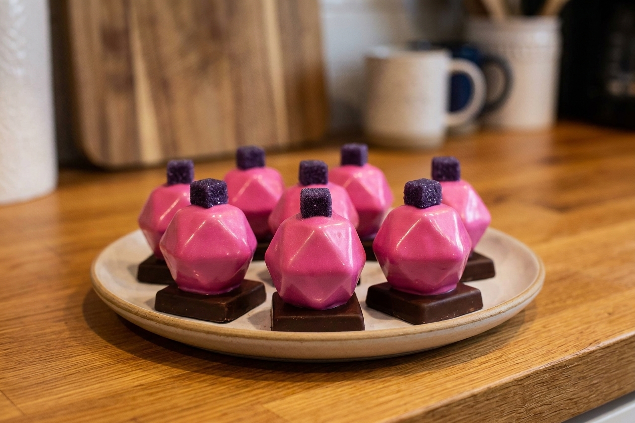 A platter of Minecraft-inspired Ender Crystal cake pops with glossy pink candy shells and dark chocolate bases on a warm-toned kitchen counter