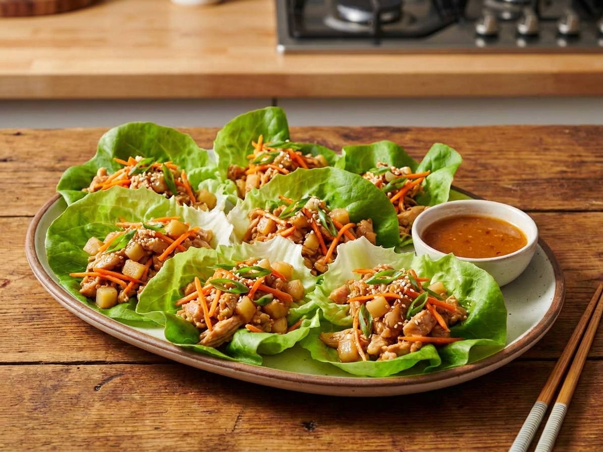 A platter of PF Chang’s-style chicken lettuce wraps with saucy minced chicken, butter lettuce cups, green onions, and a small bowl of dipping sauce on a wooden table in warm kitchen lighting
