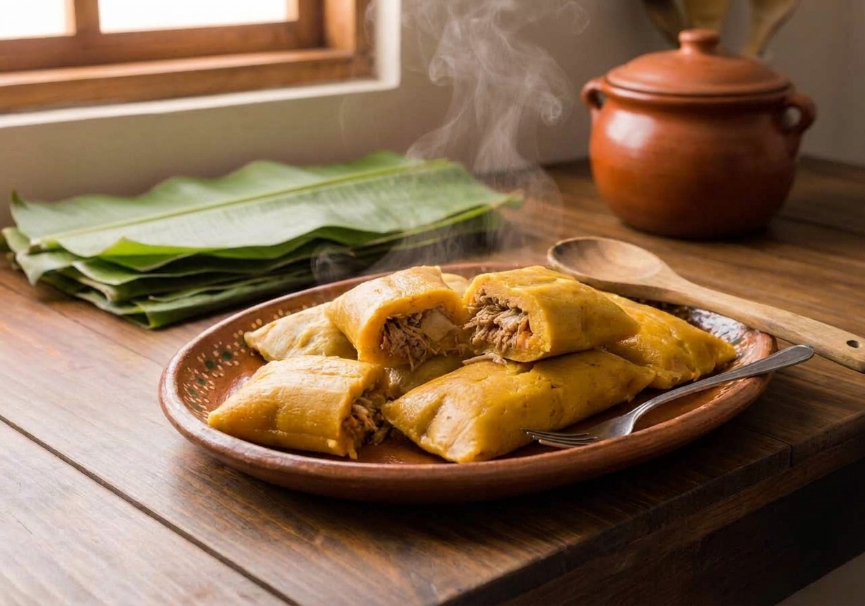A platter of Puerto Rican pasteles unwrapped from banana leaves, showing the tender masa and savory filling, set on a warm kitchen table with simple serving utensils