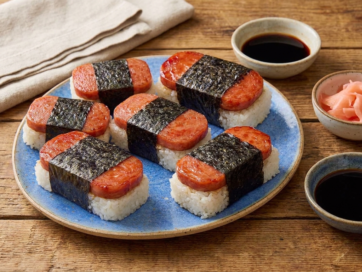 A platter of Spam musubi with glossy seared Spam on seasoned rice, wrapped with crisp nori strips, served on a wooden table with small bowls of soy sauce and pickled ginger
