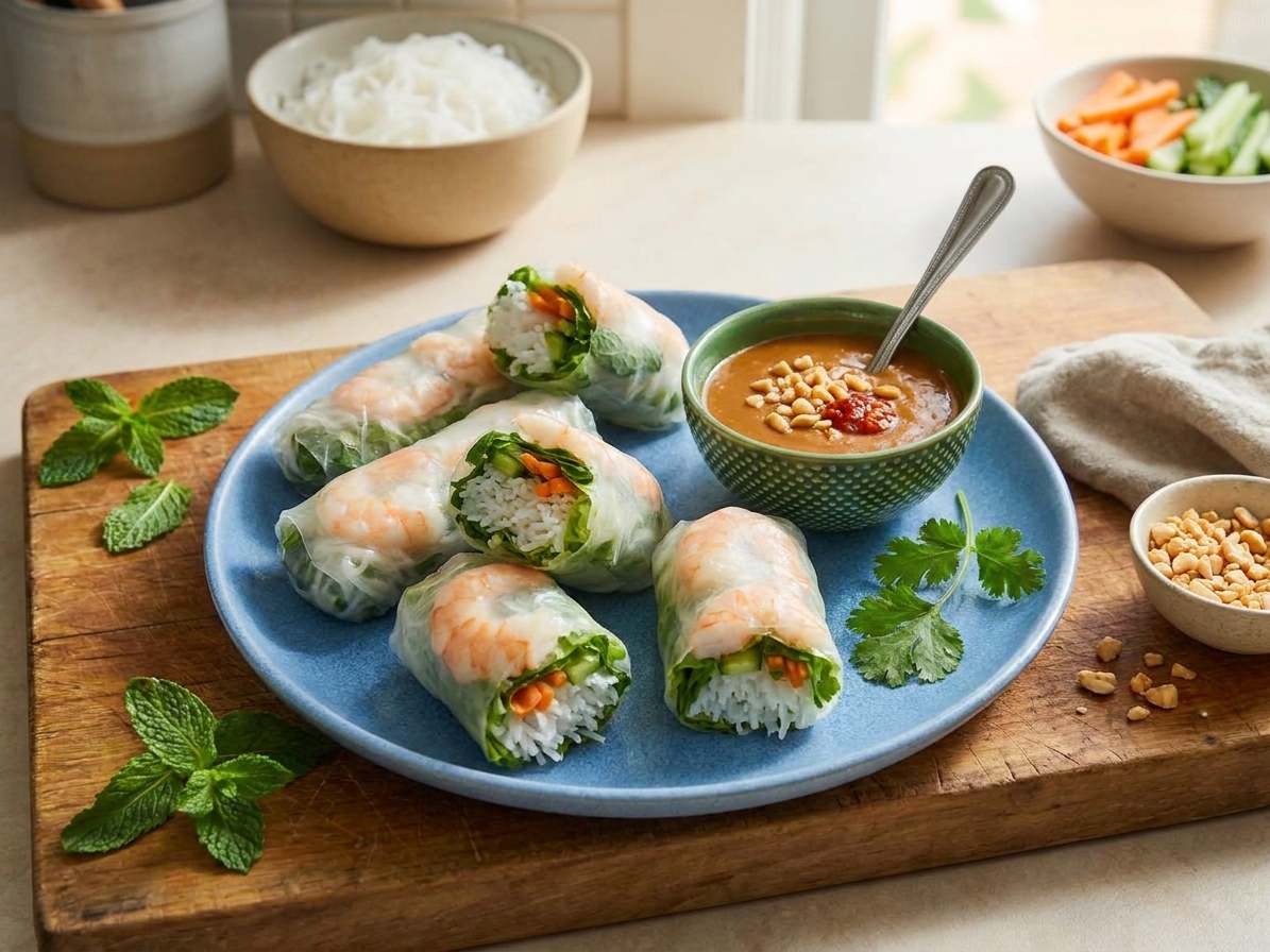 A platter of Vietnamese spring rolls (gỏi cuốn) cut on a bias, showing shrimp, herbs, noodles, and lettuce inside translucent rice paper, with a small bowl of peanut dipping sauce on a bright kitchen table