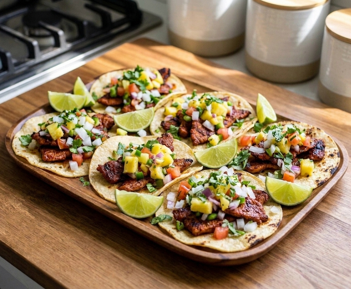 A platter of al pastor tacos made with crispy-edged pork, diced pineapple, white onion, cilantro, and lime wedges on a warm wooden table setting