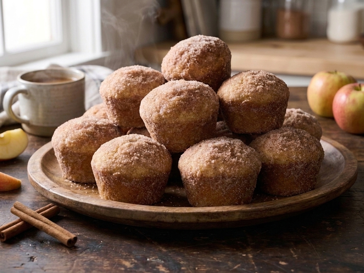 A platter of apple cider donut muffins coated in cinnamon sugar on a cozy kitchen table with a mug of hot cider nearby