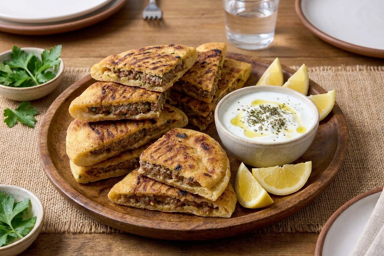 A platter of arayes sliced into triangles with a small bowl of yogurt sauce and lemon wedges on a dinner table