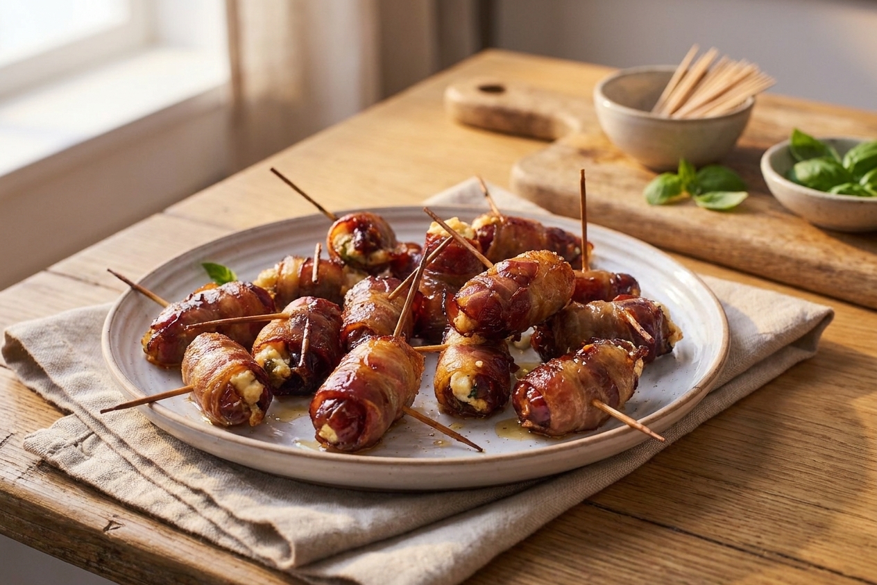 A platter of bacon wrapped dates with crisped edges, glossy bacon, and a few toothpicks, set on a warm-toned kitchen table with soft natural light