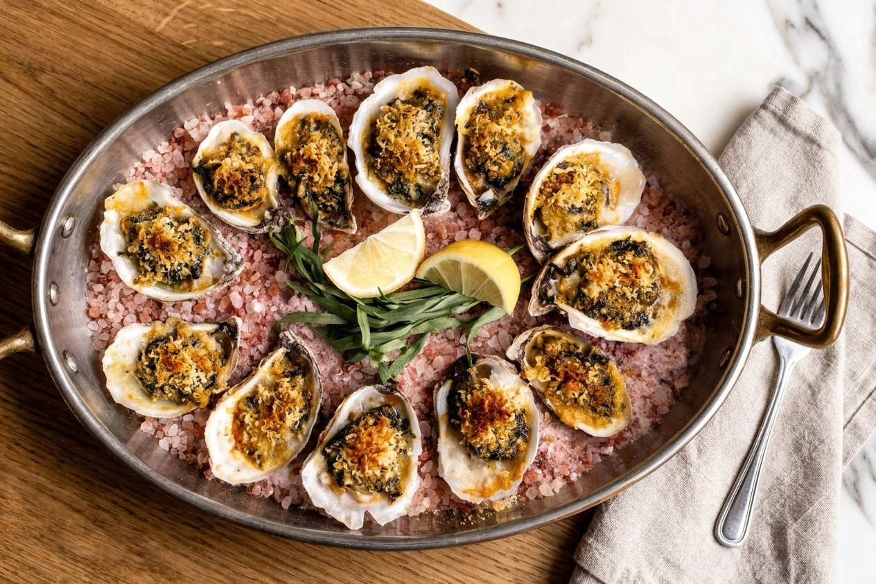 A platter of baked Oysters Rockefeller with lemon wedges and a simple table setting