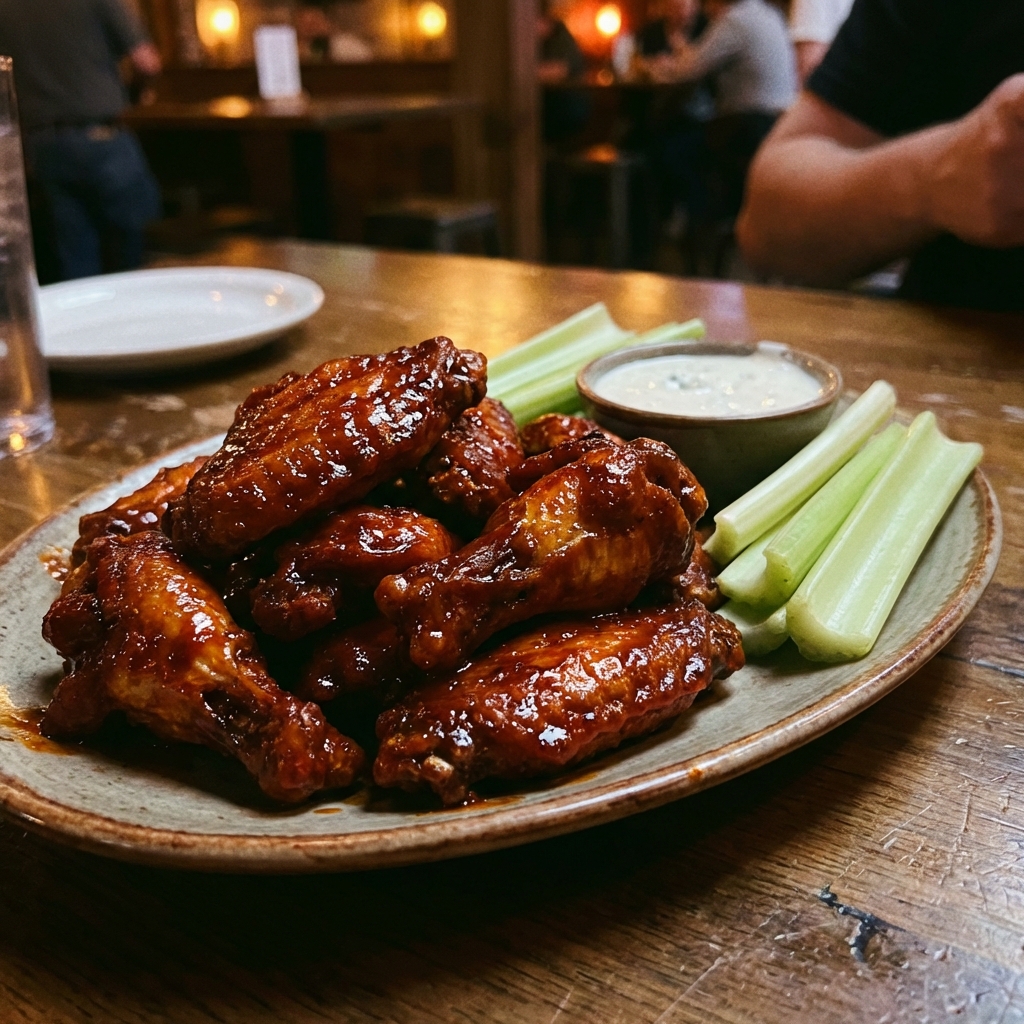 A platter of baked chicken wings with a glossy spicy sauce and celery sticks