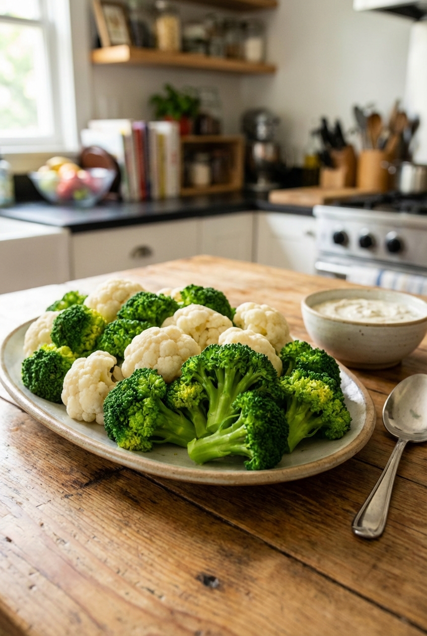 A platter of blanched broccoli and cauliflower florets