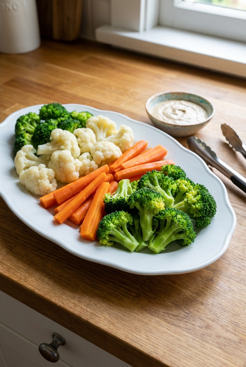 A platter of blanched vegetables including broccoli florets, cauliflower, and carrots