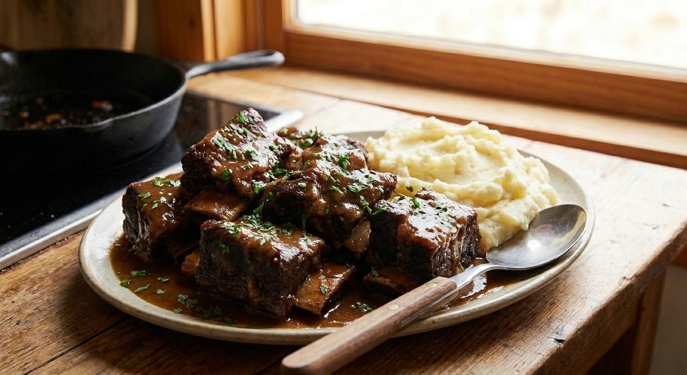 A platter of braised beef short ribs glazed with glossy brown gravy, sprinkled with chopped parsley, served on a rustic table with mashed potatoes and a spoon for sauce