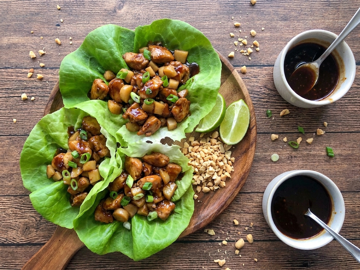 A platter of butter lettuce cups filled with glossy chicken, water chestnuts, and green onions, served with lime wedges and chopped peanuts on a wooden table