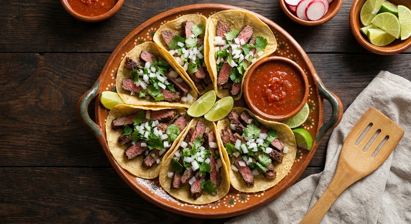 A platter of carne asada tacos on warm corn tortillas topped with chopped onion, cilantro, and a squeeze of lime, with small bowls of salsa and sliced radishes on a wooden table