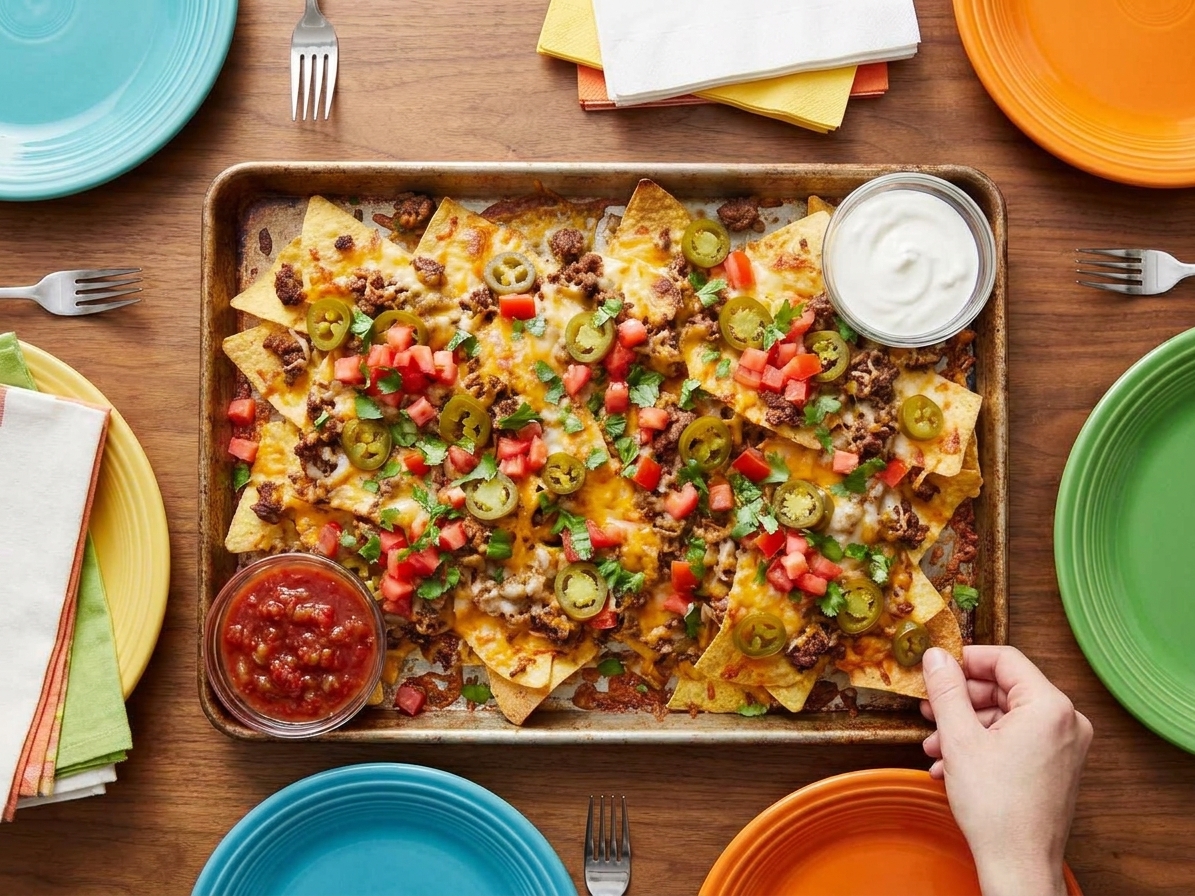 A platter of cheesy nachos on a dining table with small bowls of salsa and crema nearby, casual family-style setting