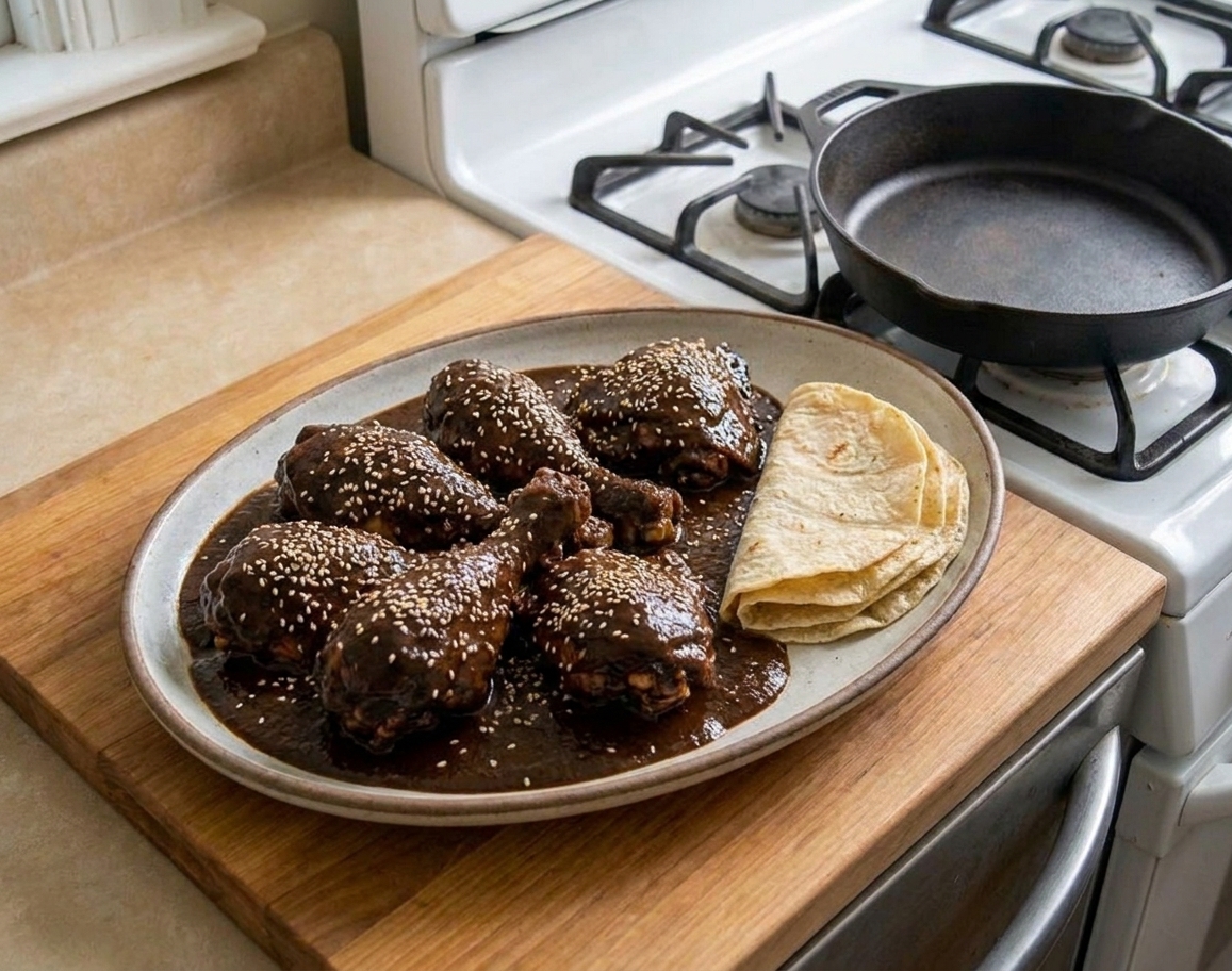 A platter of chicken covered in glossy dark mole poblano sauce with sesame seeds, served with warm tortillas on a rustic wooden table in a bright home kitchen
