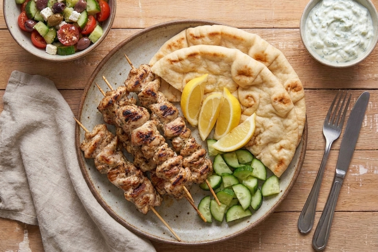 A platter of chicken souvlaki skewers with charred edges, lemon wedges, sliced cucumbers, and warm pita on a light kitchen table