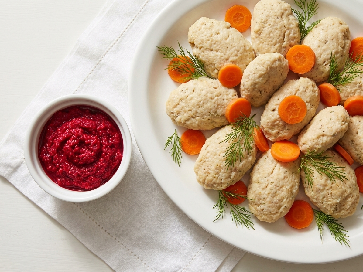A platter of chilled gefilte fish patties arranged with carrot coins and dill, with a small bowl of horseradish on a simple white table setting