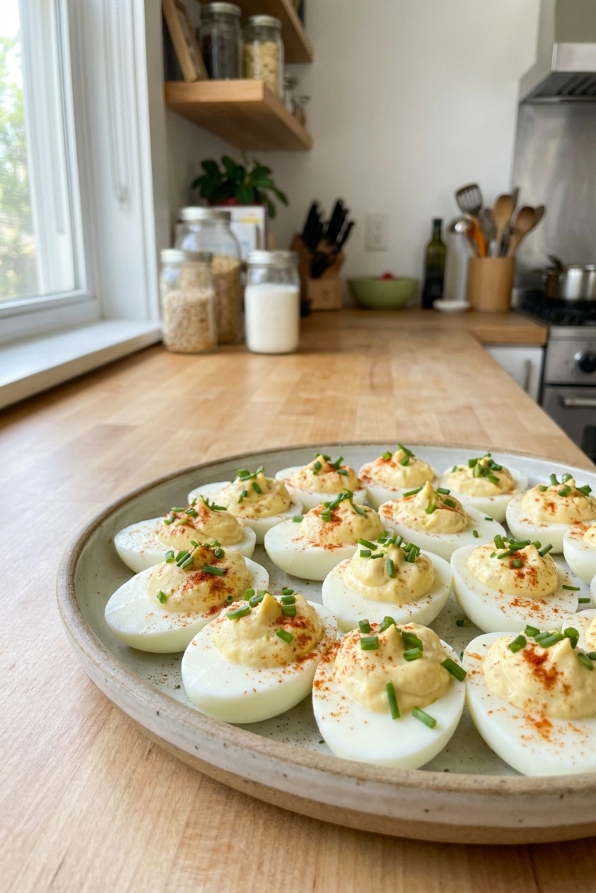 A platter of classic deviled eggs with creamy pale-yellow filling, lightly dusted with paprika and topped with chopped chives, set on a bright kitchen counter in natural window light