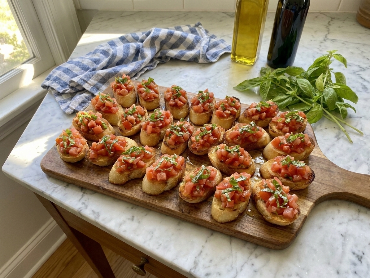 A platter of classic tomato bruschetta with diced tomatoes and basil piled on toasted baguette slices, set on a wooden board on a sunlit kitchen counter