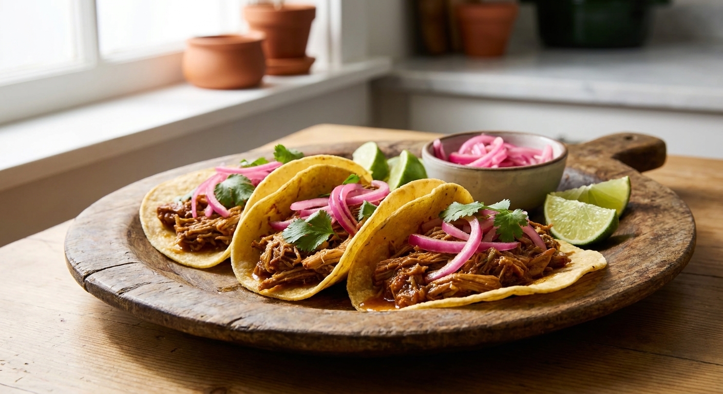 A platter of cochinita pibil piled into warm tortillas with pickled red onions and fresh cilantro on a wooden table, soft natural window light