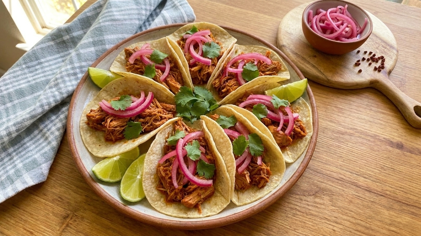 A platter of cochinita pibil tacos filled with shredded achiote pork and topped with bright pink pickled red onions, with lime wedges on the side on a warm kitchen table
