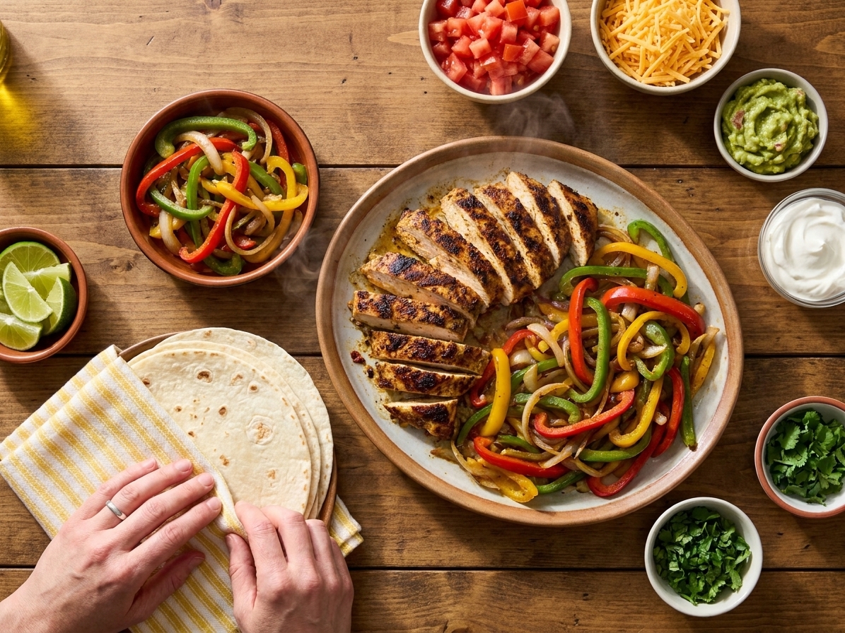 A platter of cooked chicken fajitas with sautéed peppers and onions, warm tortillas on the side, and small bowls of toppings on a dinner table