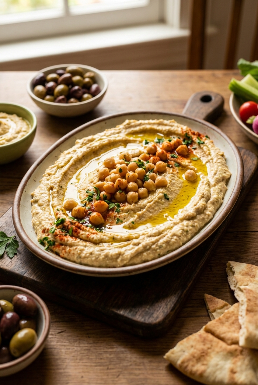 A platter of creamy hummus topped with chickpeas and olive oil, photographed on a wooden board