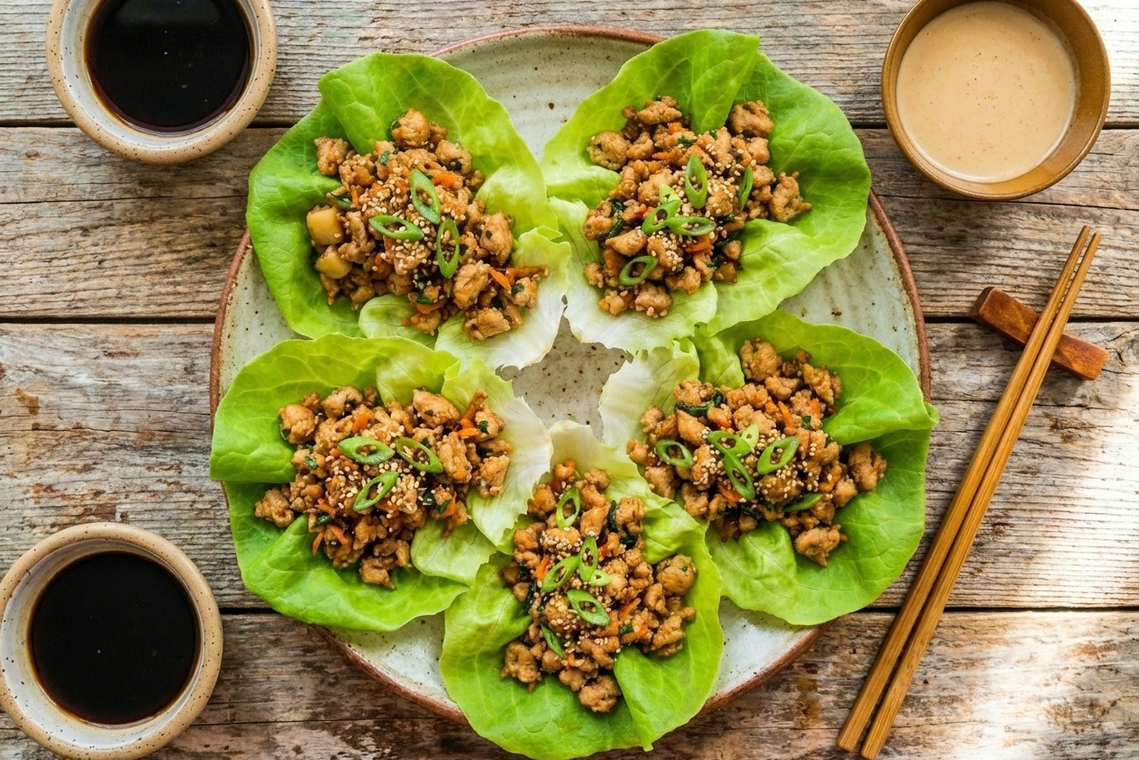 A platter of crisp butter lettuce cups filled with glossy chicken and water chestnut filling, garnished with sliced green onions and sesame seeds on a warm-toned kitchen table