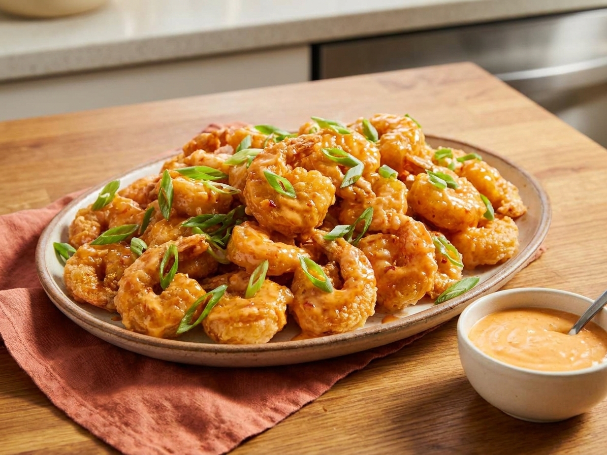 A platter of crispy Bang Bang shrimp coated in creamy sweet chili sauce, garnished with sliced scallions, on a warm-toned wooden table with a small bowl of extra sauce