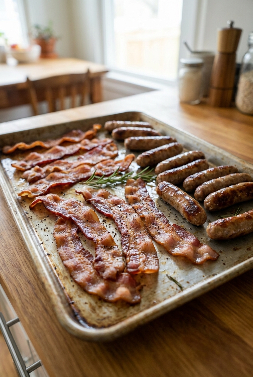 A platter of crispy bacon and breakfast sausage on a sheet pan