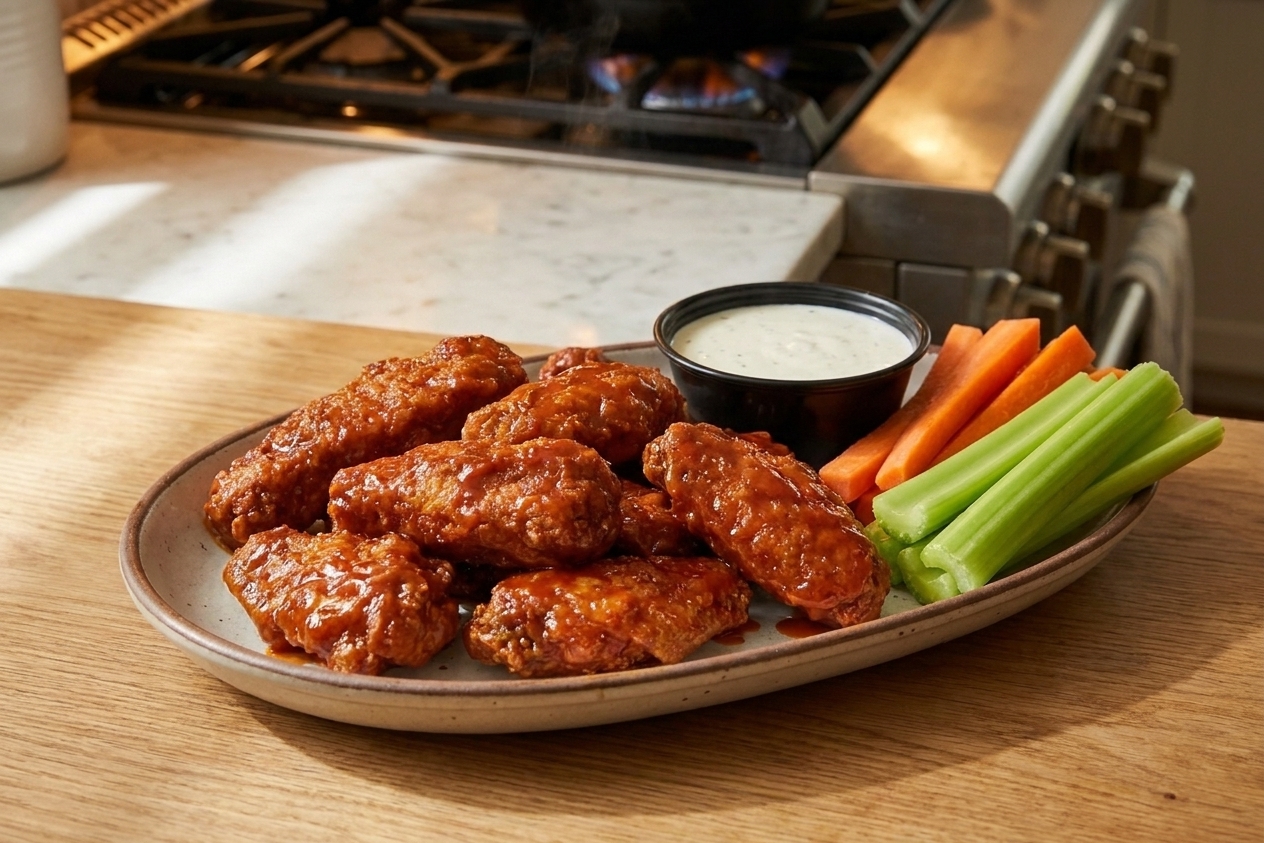 A platter of crispy baked boneless wings tossed in buffalo sauce with a bowl of ranch dressing and celery sticks on a wooden table
