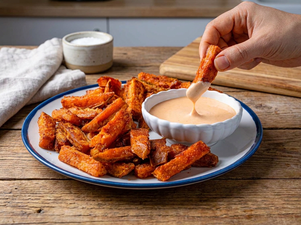 A platter of crispy baked yam fries with browned edges and a small bowl of creamy dipping sauce on a wooden table setting