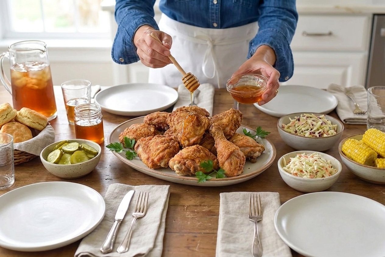 A platter of crispy buttermilk fried chicken pieces with a golden, craggy crust on a rustic table setting with a small bowl of hot honey