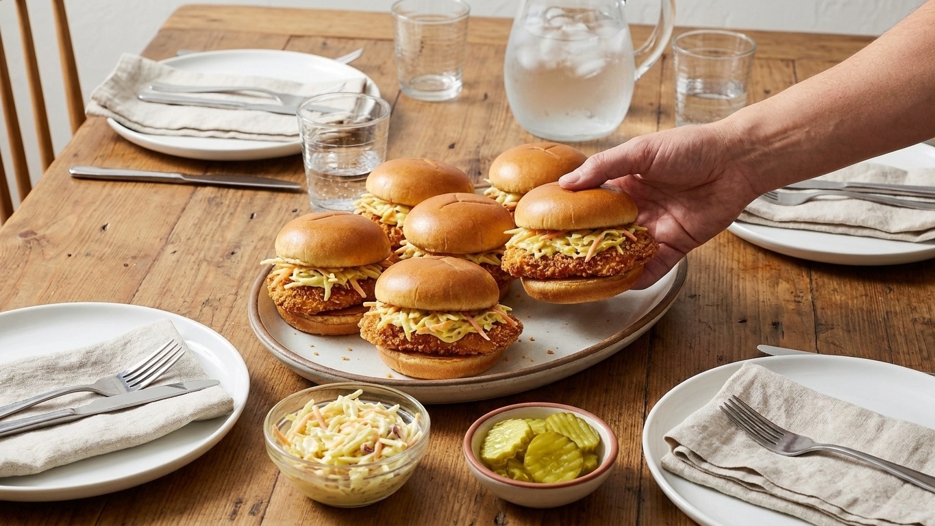 A platter of crispy chicken sliders on toasted buns with honey mustard slaw, pickles on the side, and a casual family dinner table setting