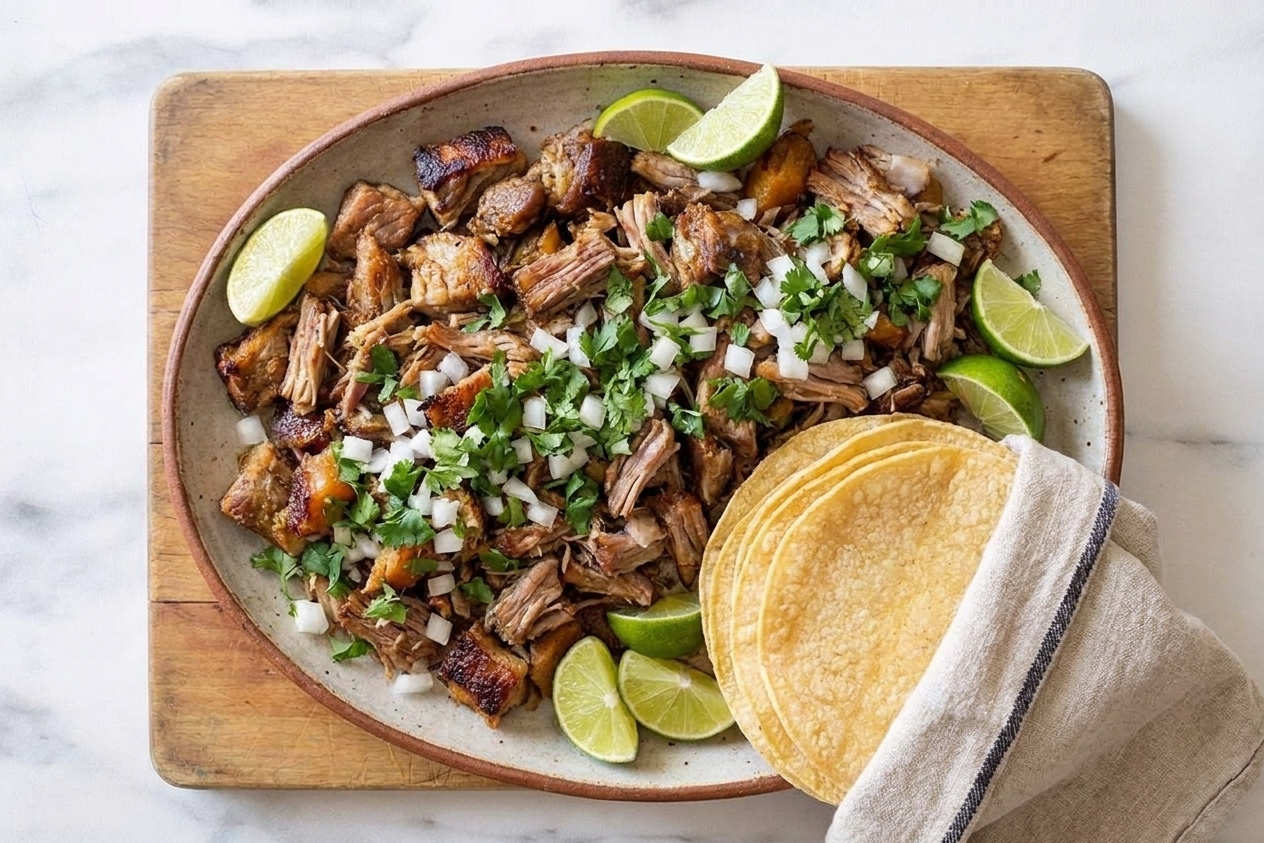 A platter of crispy-edged slow cooker carnitas piled high with lime wedges, cilantro, and warm tortillas on a simple wooden table setting