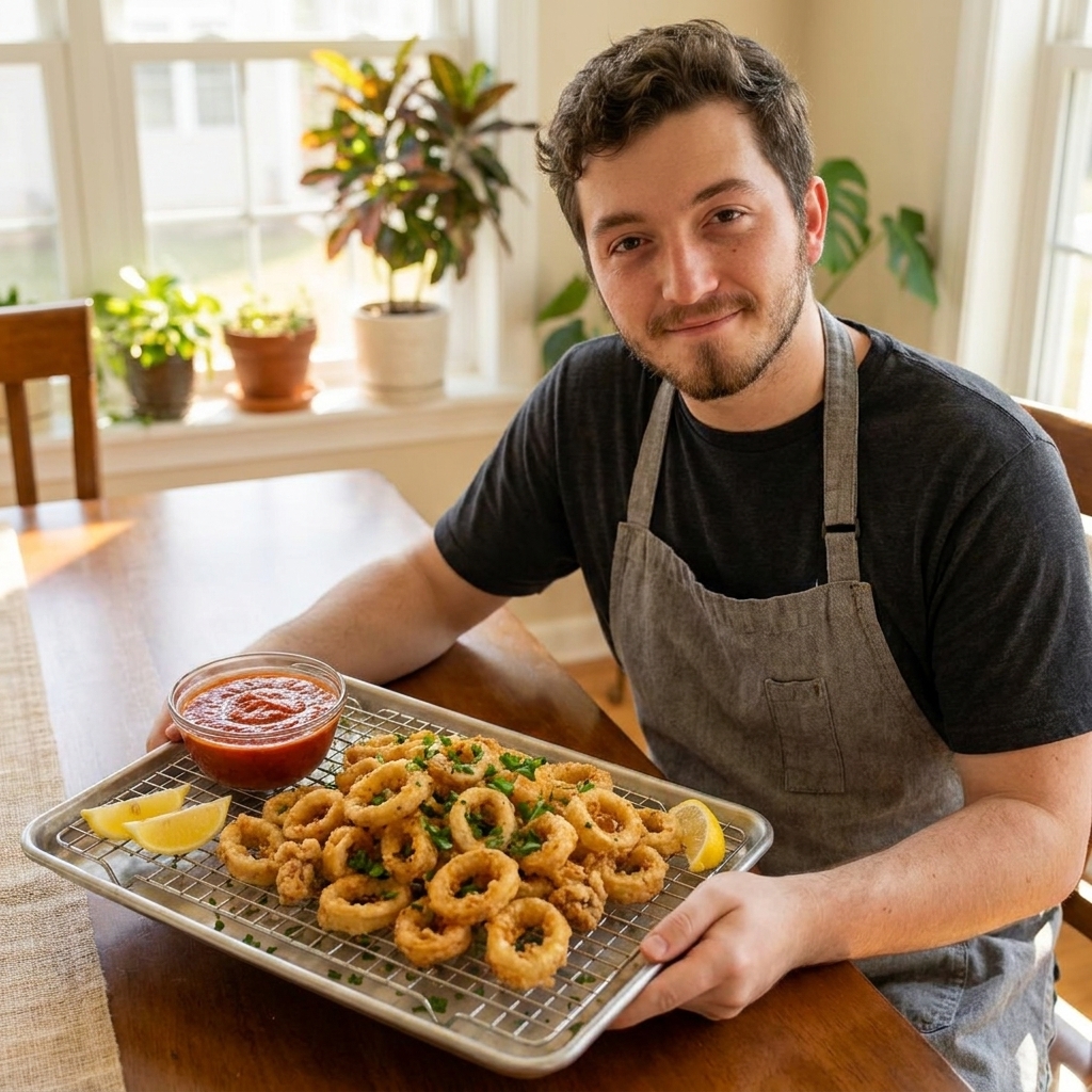A platter of crispy fried calamari draining on a wire rack, garnished with chopped parsley and lemon wedges beside a bowl of marinara sauce, ready to serve on a dining table, natural light photo