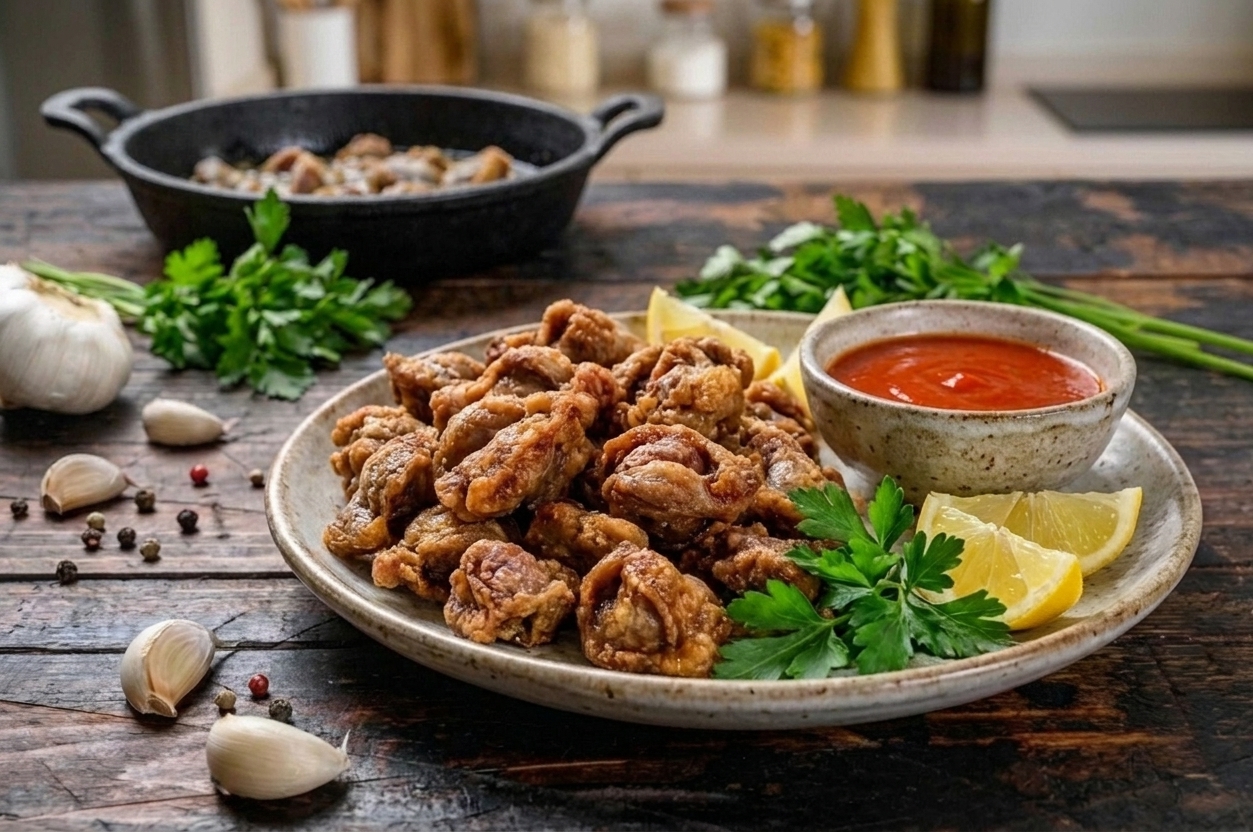 A platter of crispy fried chicken gizzards piled high with a small bowl of hot sauce and lemon wedges on a warm kitchen table