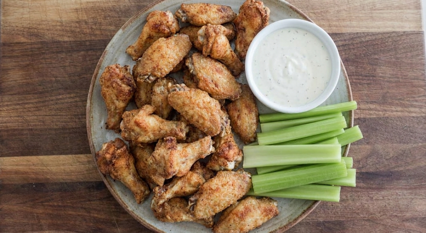 A platter of crispy fried chicken wings with a golden brown crust, served with a small bowl of dipping sauce and celery sticks on a wooden table