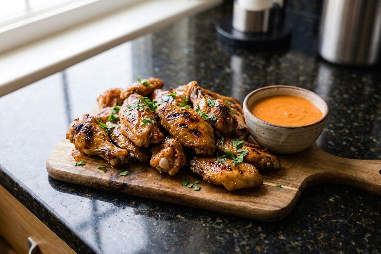 A platter of crispy grilled chicken wings glazed and lightly charred, arranged on a wooden board with a small bowl of dipping sauce on a kitchen table